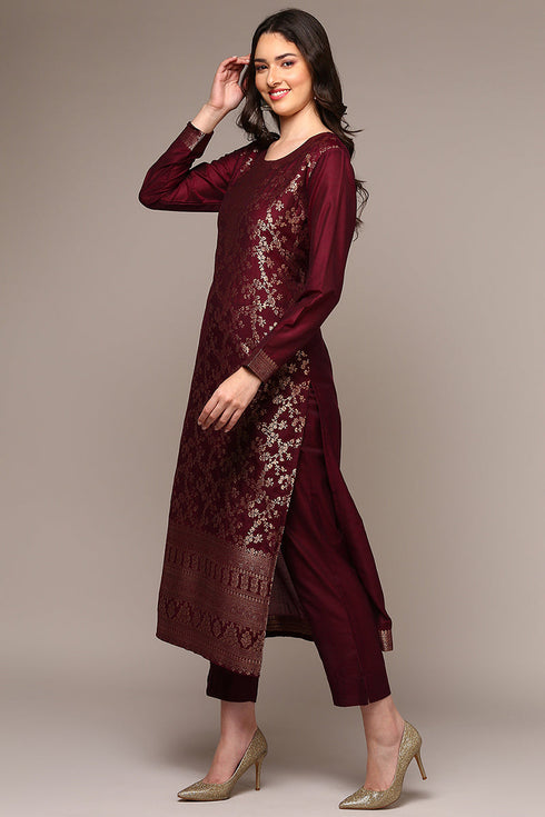 Plus Size Maroon Poly Chanderi Woven Design Straight Suit Set